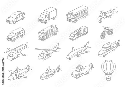 Isometric vehicle icons depict transport variety car truck bus motorcycle bicycle helicopter airplane boat submarine hot air balloon