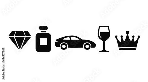 Symbols of luxury a diamond perfume sports car wine glass and crown in on transparent background