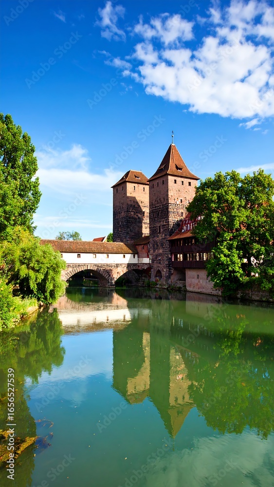Obraz premium Picturesque European cityscape with a river and bridge