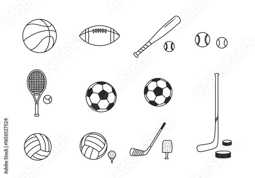 Sports gear illustration balls bats clubs  rackets on white