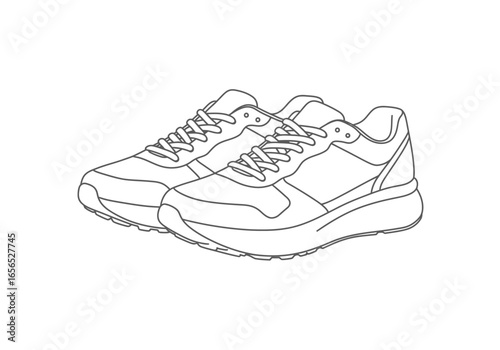 Two outlined running shoes laced up with detailed soles