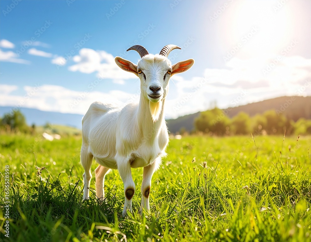 Happy Goat in the Sun: A cheerful goat, standing proudly in a sun-drenched meadow, gazes directly at the viewer, embodying rural charm and serene country life. Happy Goat in the Sun: A cheerful goat, standing proudly in a sun-drenched meadow, gazes directly at the viewer, embodying rural charm and serene country life.
