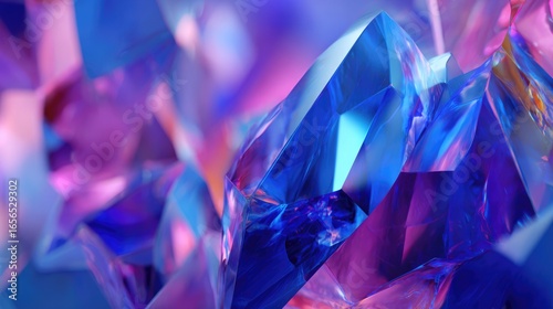 Close-up view of vibrant, multifaceted crystals in shades of blue and purple