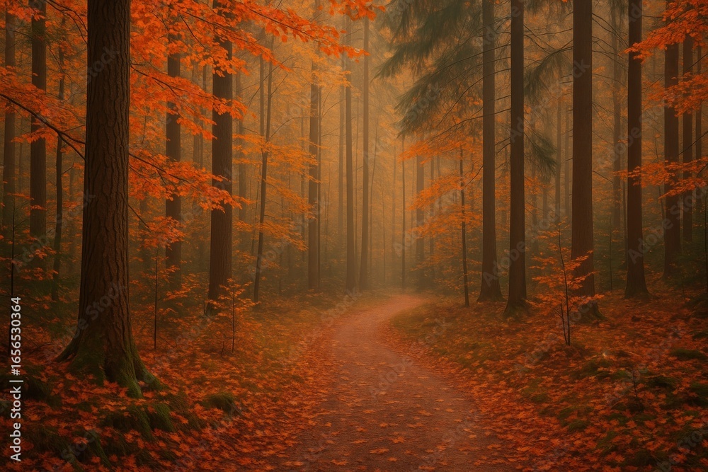 Obraz premium Serene autumn forest path scene.
