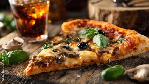 Wallpaper Mural Pizza slice on a rustic wooden board with a drink Torontodigital.ca