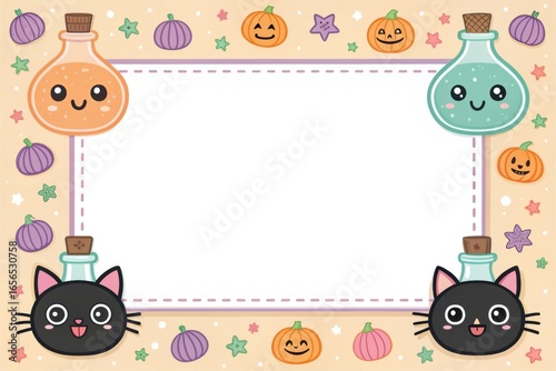 Colorful Halloween card designed in a cartoon style with a pastel border, perfect for festive greetings and invitations.