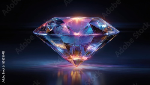 Radiant diamond, iridescent facets, glowing light