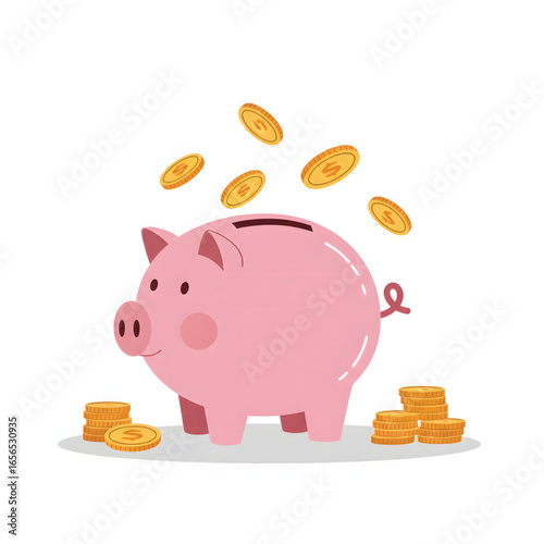 A pink piggy bank with coins falling into the slot, representing savings and wealth.
