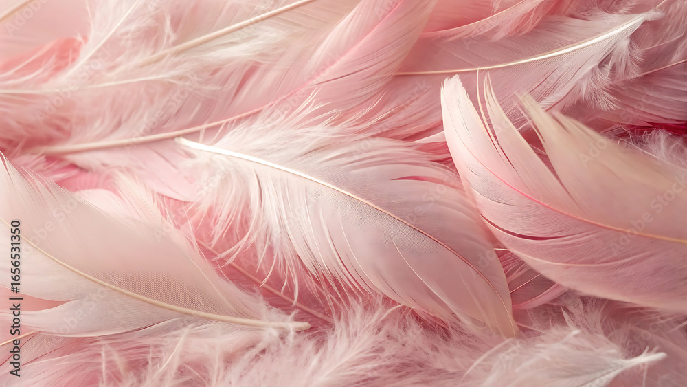 Fototapeta premium Delicate pastel pink feathers create a soft, airy, and gentle background texture