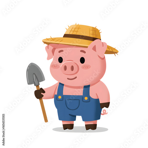 Cartoon pig wearing overalls and a straw hat, holding a shovel, standing on a white background.