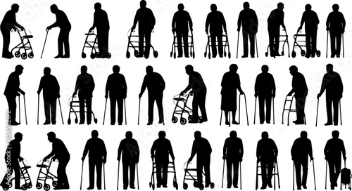 Group of elderly senior people with walking aids silhouette set large collection.