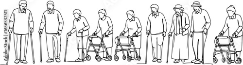 Group of elderly senior people with walking aids silhouette set large collection.