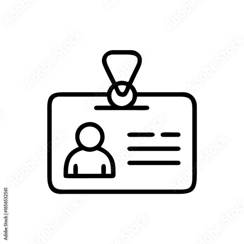 Illustration of a black and white id badge with a person icon and lines representing text fields