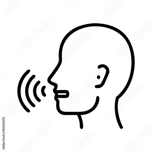Outline drawing of a head in profile with sound waves emanating from the mouth illustration present here