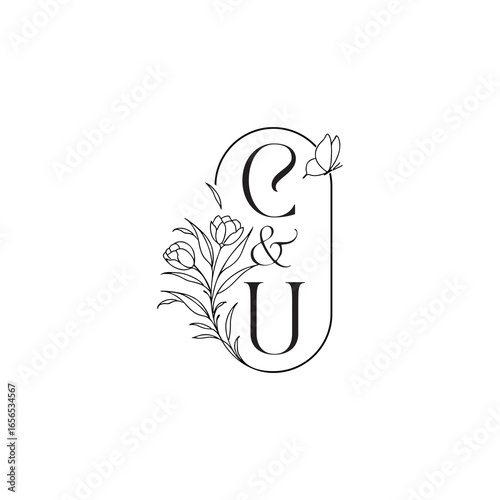 caligraphic style monogram luxury minimalist logo design CU wedding initial concept alphabet letter