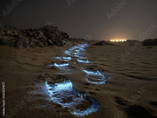 Bioluminescent footprints on desert sand at night with distant lights