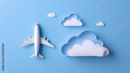 On blue background with copy space, flat lay design of travel concept with plane and cloud.

