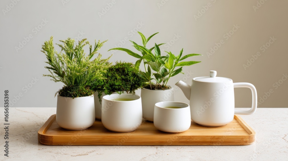 Fototapeta premium White tea set with miniature plants on bamboo tray, minimalist aesthetic