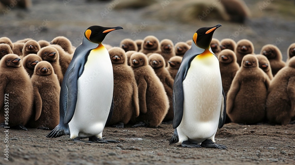 Obraz premium King Penguin with Chicks, Antarctic Wildlife, Family Affection, Natural Ecology Material