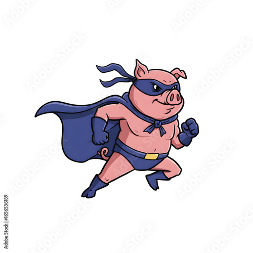 A cartoon illustration of a superhero pig in a blue cape and mask, running with determination and a confident expression.