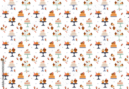 Seamless pattern with cakes and desserts. Cute cartoon vector hand drawn illustration