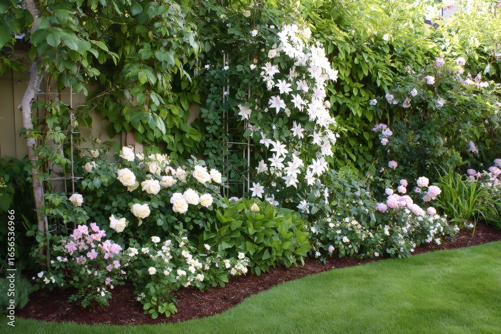 Wooden fence adorned with climbing white and pink roses, flourishing in verdant garden landscape Wooden fence adorned with climbing white and pink roses, flourishing in verdant garden landscape