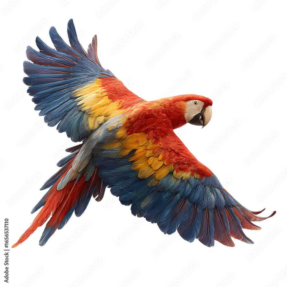 Fototapeta premium Scarlet Macaw mid-flight with red, blue, and yellow feathers, isolated on a transparent background. --v 7.0