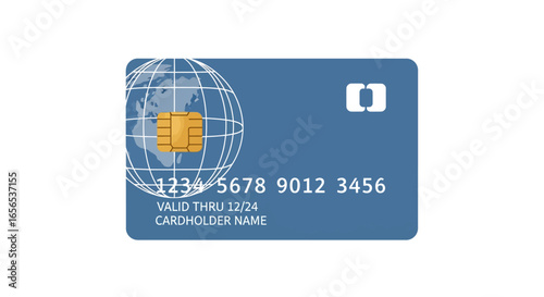 Secure global payment card illustration with EMV chip and world map design for finance and e-commerce concepts.