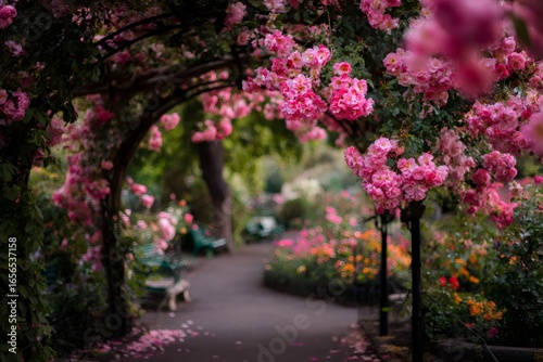 Beautiful pink roses climbing on an arch structure in a public garden creating a romantic flowered walkway