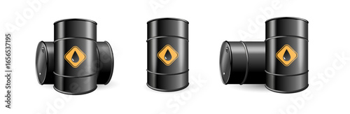 Black barrels for cruel oil or petroleum. Design Template of Packaging for Mockup. Vector