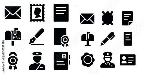 Communication and mail solid icons set – silhouette, filled, correspondence symbols
