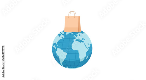 Concept of global shopping and e-commerce with a paper bag on planet Earth, symbolizing international trade, worldwide delivery, and the global market.