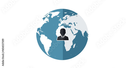 Global communication and international business network icon with a world map and person silhouette. Vector illustration for connection and community concepts.