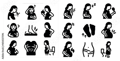 Pregnancy symptoms solid icons set – filled, health, maternity and prenatal symbols