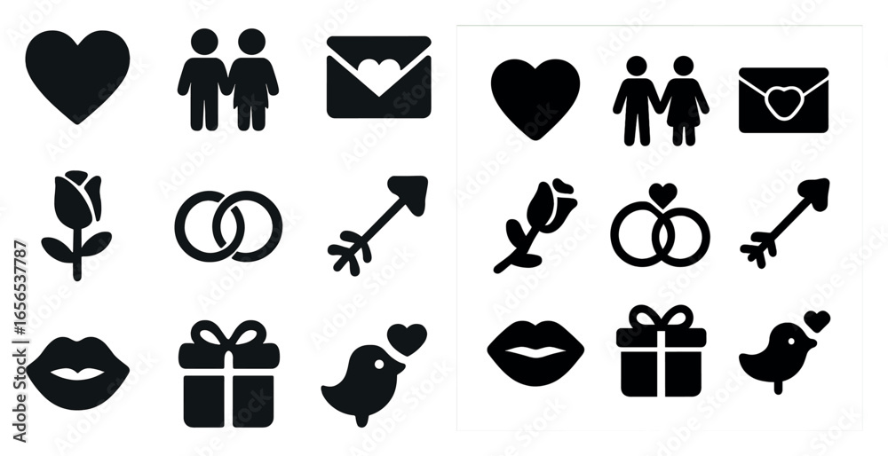 Obraz premium Romantic and wedding silhouette icons set – love, romantic, relationship symbols