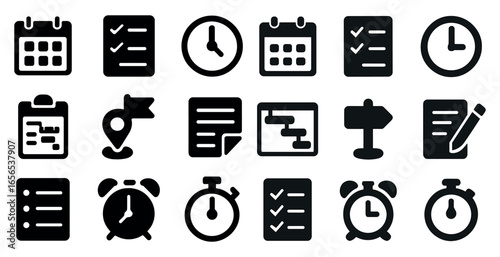 Time management solid icons set – flat, filled, schedule and planning tools