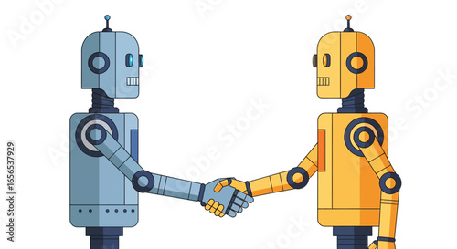 Two cartoon robots shaking hands representing collaboration and agreement, futuristic tech concept