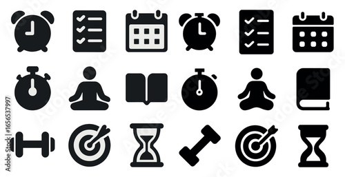 Time management filled icons set - clock, calendar, task planning symbols