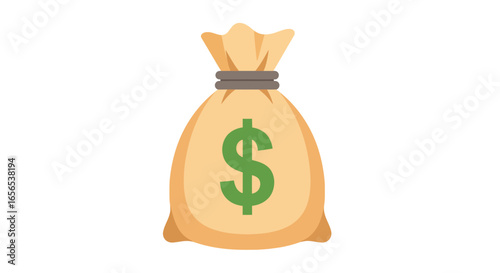 Cartoon money bag with green dollar sign, a symbol of wealth and savings. Financial concept illustration in flat design style, isolated on a white background.