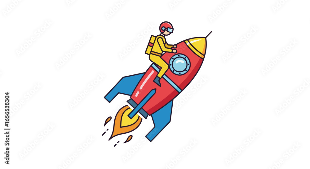 Fototapeta premium Astronaut riding a red rocket spaceship with flames escaping from the bottom, symbolizing growth and achievement