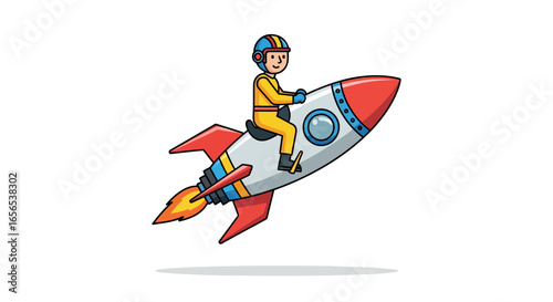 Cheerful character riding a powerful rocket, symbolizing rapid progress, ambition, and the successful launch of new ideas. Perfect for themes of innovation and speedy achievement.