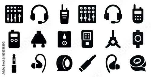 Audio equipment solid icons set – music, sound, mixing and dj symbols