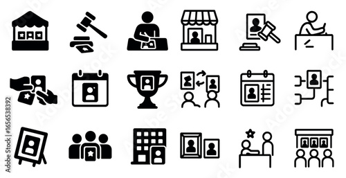 Voting and election outline icons set – solid, filled, ballot and voter symbols