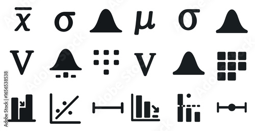 Statistics and data analysis solid icons set – filled, mathematical, graphs symbols