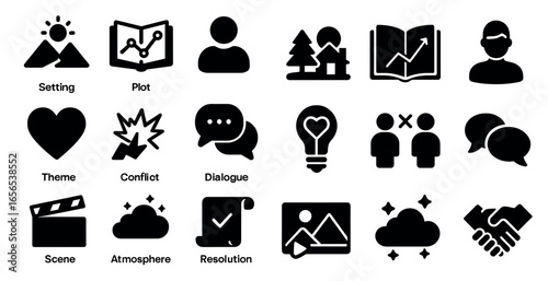 Storytelling and plot outline icons set – linear, filled, narrative elements
