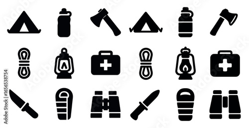 Camping adventures solid icons set – filled, nature, outdoor activity symbols