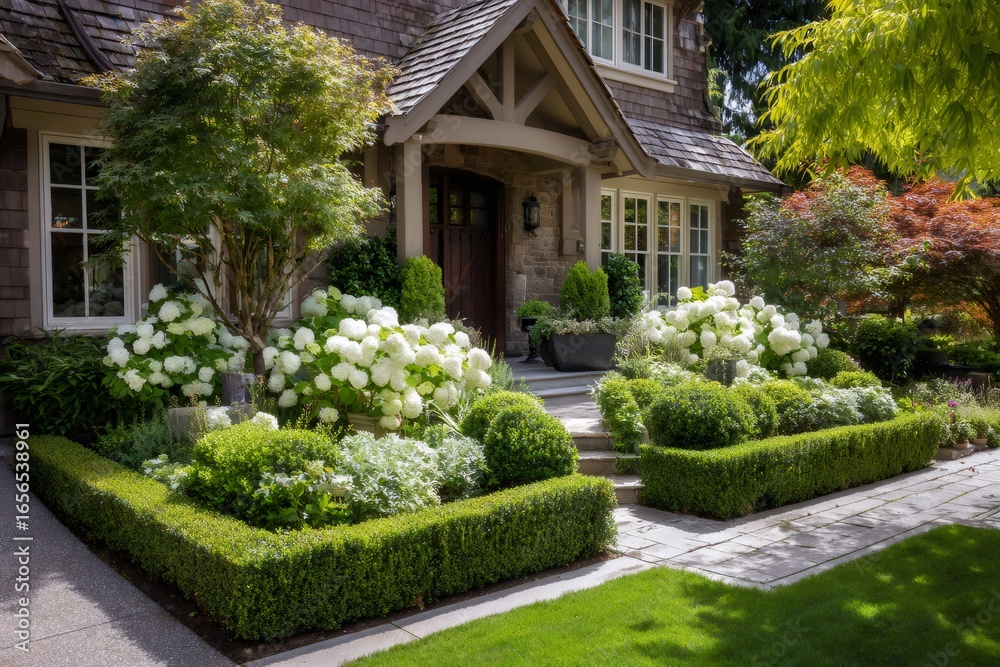 Manicured garden featuring pristine white hydrangea blossoms and geometric boxwood borders framing elegant residential exterior Manicured garden featuring pristine white hydrangea blossoms and geometric boxwood borders framing elegant residential exterior