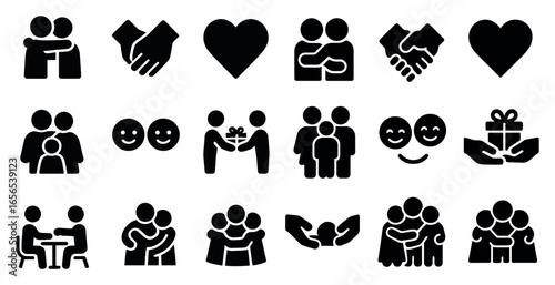 Social connection silhouette icons set – communication, solidarity, unity symbols