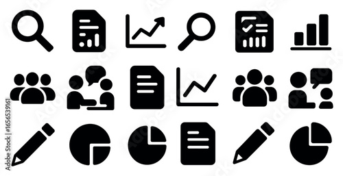 Business and data analysis icons set – solid, filled, charts and reports symbols
