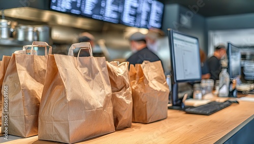 Food takeout bags on a counter in a busy restaurant